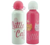 SRV Hub® Pack of 2 Aluminum Water Bottles 500ml, Pink and White with Printed Character Little Cats, BPA Free, Leak Proof Reusable, Sports and School Gift, Best for Kids