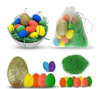 SRVertex 16Pcs Glitter Easter Eggs Decoration - Colorful Foam Eggs with Glitter Golden Eggs and Grass for Home Decor, Craft Eggs for Easter Basket Decorations