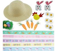 SRVertex 23Pcs Hoppy Easter Craft Supplies, Printed Designs Polyester Party Ribbons, Easter Bonnet Decorations Home Craft Supplies, Kids Egg Hunt Straw Hat Size 52cm