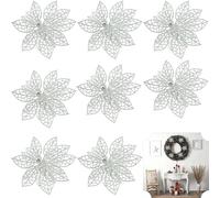 SRVertex 8PCS Glitter Artificial Flowers, Plastic Poinsettia Hanging Decoration for Tree Christmas Hanging Décor, White Xmas Flowers with Clips 13cm