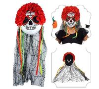 SRVertex Horror Halloween Day of the Dead Veil & Flower Masquerade Mask, Bleeding Metallic Warrior Clown Scary Dead Skeleton, Party Mask Nonslip Elastic Stretchy Cover for Women and Girls Size-60cm
