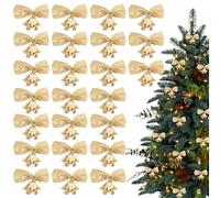 Srvillg 24 Pcs Gold Christmas Bows for Christmas Tree, Wreaths Bows, Xmas Small Bow with Bell for Gift Wrapping Craft Supplies Wrapping Accessories (Gold)