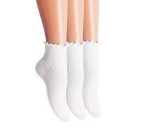 SRYL Women Ankle Socks Ruffle Turn-Cuff,Lovely double needle solid color edge relent Girl socks, White-3 Pairs,low Cut, 4-8 UK