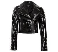 SS7 Womens Patent Vinyl Studded Faux Leather Biker Jacket Black