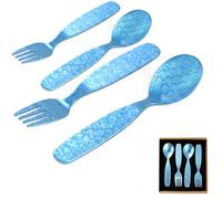 SSGP Pure Titanium Kids Cutlery 4pc,Nickel Free,Fork+Spoon 3Y+,Blue | Uncoated, natural crystal structure. Gentle on the skin & dishwasher-safe. A gift for a christening or birthday.