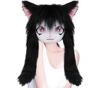 Ssguopte Fursuit Head, Cartoon Furry Mask with Ears & Long Hair, 16x24 Inch Animal Head Mask for Cosplay, Halloween, Masquerade (Black)