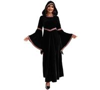 Ssguopte Medieval Dress for Women, Long Sleeve Vampire Dress, Embroidery Hooded Renaissance Costume Women for Halloween Party Cosplay, M