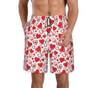 SSGVLPTO Romantic Red Heart Print Men's Quick Dry Shorts, Quick Dry Beach Shorts Sports Running Board Shorts, White, Medium