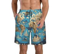 SSGVLPTO World Geography Map Print Men's Quick Dry Shorts, Quick Dry Beach Shorts Sports Running Board Shorts, White, Large