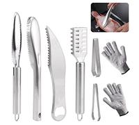 Ssiyiya 8pcs Fish Scaler Remover, Stainless Steel Fish Scale Cleaner Scraper with Antiscratch Gloves, 2 Fish Bone Tweezers, Kitchen Peeling Descaler Kit Fish Skin Grater Peeler Tool