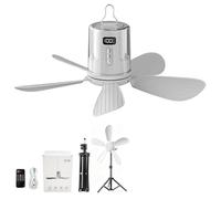 SSJkeji Portable Camping Fan with Lights,LED Hanging Ceiling Fan With Remote&Timer, 15.7" Wireless Rechargeable Tent Fan,4 Speeds&Brightness for Canopy, Beach, RV, Car, Camper,Outdoor,Indoor