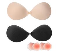 SSKHE 2 Pack Invisible Bra for Women,4Pcs Nipple Pads,Strapless Push Up,Adhesive Bra,Reusable Silicone,for Backless Dress CupB Black