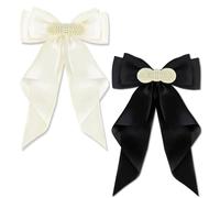 SSKHE 2 PCS Big Bow Barrettes with Pearl Clips, Long Tail Silky Satin French Ribbon Solid Color Large Bowknot Hair Accessories for Women Girls Birthday Party Valentine's Day