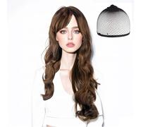 SSKHE 27.5 Inch/70 cm Long Curly Brown Wig for Women, Bangs Ladies Wigs, Synthetic Wig for Daily Wear and Special Occasion