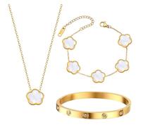 SSKHE 3 Pcs Four-Leaf Clover Jewelry for Women, 18K Gold Plated Stainless Steel Necklace, Bracelet Set, Gold Bracelet Cubic Zirconia Bangle, Clover Jewellery Set for Valentine's Day