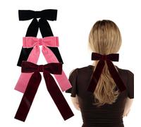 SSKHE 3 Pcs Velvet Bow Hair Clip with long Ribbon, Velvet Hair Ribbons of 3 Different Color, French Bow Hair Clips, for Girls Women (Black+Wine Red+Pink)