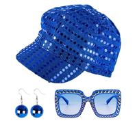 SSKHE 3 Pieces Glitter Hat Sequined Square Bling Sunglasses Earrings Sequin Hat Silver Disco for Adult Abba Accessories Disco Costume Set for Women Theme Party Birthday Dance