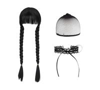 SSKHE 3Pcs Black Braided Wig for Women and Children, Cosplay Accessory for Wednesday Addams, Halloween Costume Hairpiece, Braided Design for Dress-up, Kids' Wigs, Party Hair Accessories
