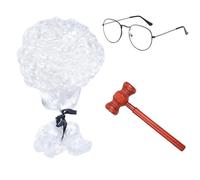 SSKHE 3Pcs Judge Costume Set, White Judge Wig, Wooden Gavel, Gold Frame Glasses - Premium Courtroom Accessories for Halloween Cosplay, Role-Play & Theme Parties - Realistic Design for Kids & Adult