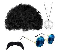 SSKHE 4 Pcs Hippie Costume Set, Funky Afro Wig, Sunglasses, Moustache and Peace Sign Necklace, Disco Hippie Costume 70s/ 80s Hippy Fancy Dress Accessories for Men and Women
