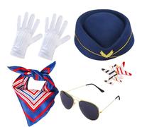 SSKHE 4 Piece Professional Flight Attendant Costume, Women's Themed Carnival Costume, One-Stop Set with Hat Gloves Brooch, Suitable for Role-Playing Carnival Activities