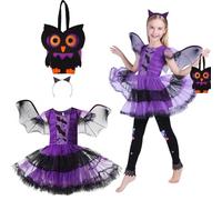 SSKHE 4PCS Girl Bat Halloween Costume Set, Skirt Wings Headband Sugar Bag, Witch Role Playing Tutu Dress Set Children, Carnival Festival Party Outfit Masquerades Accessories