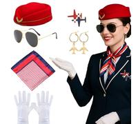SSKHE 4PCS Professional Flight Attendant Costume for Women, Stewardess Themed Carnival Costume with Hat Scarf Gloves Brooch, Halloween Cosplay Party Activities Fancy Dress