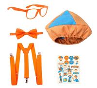 SSKHE 5 Pcs Engineer Dress Up Set: Hat + Bowtie + Suspenders + Glasses + Tattoo Stickers (Orange & Blue) | Bli_ppi Dress Up for Halloween, Carnival, World Book Day & Role-Play Parties