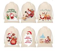 SSKHE 6 Christmas Drawstring Gift Bags - 15x20cm Cream with Colourful Embroidery, Santa Sacks for Christmas Wrapping, Homemade Jams/Cookies/Toys