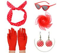 SSKHE 6-Piece 1950s Accessories for Women - with Polka Dot Headband, Scarf, Pearl Necklace, Earrings, Gloves & Cat-Eye Glasses, for Parties, Halloween & Performances (Red)