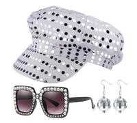 SSKHE 70s Disco Hat Set,3PCS Sequin Hat Silver Disco Hat with vintage disco sunglasses earrings,disco costume accessories,Silver Glitter Abba Hats Costume Accessories Kit for Adult Women Theme Party