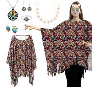 SSKHE 70s Hippie Costume Accessories Set, Boho Cape with Necklace Earring Bracelet Sunglasses Headband, Fancy Dress Women Disco Retro Festival Outfits, Hippy Clothes for Carnival Cosplay Party