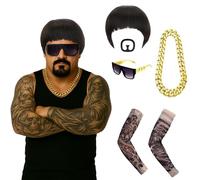 SSKHE Final Boss Meme Costume Set, Bowl Cut Wig, Goatee Mustache, Sunglasses, Gold Chain & Tattoo Sleeves, Funny 90s Meme Cosplay Ibiza Outfit for Halloween Festivals Retro Rave Party Men Women