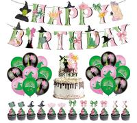 SSKHE Green and Pink Party Decoration, Wicked Birthday Decorations, Balloons and Cake Decorations, Cupcake Toppers for Witch Princess Themed Movie Party Disco Cosplay Birthday Table Decor Supplies