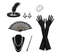 SSKHE GWAWG 1920s Accessories for Women,1920s Flapper Great Gatsby Accessories Set,Headband Gloves Necklace Earrings Lace Folding Fan,For Retro Carnival Festival Halloween Christmas
