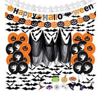 SSKHE Halloween Decorations Set - 60 3D Black Bat Wall Stickers, Spider Web, Foil Balloons, Pumpkin Bunting & Spider | Printed Balloons Pack for Indoor/Outdoor Parties, Office, School, Garden