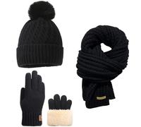 SSKHE Hat Scarf and Gloves Set for Women Men, Black Beanie Hats with Pom Pom Warm Thermal Fleece Lined, Long Scarf Touch Screen Gloves, 3PCS Winter Set Warm Gift for Christmas Snow Day
