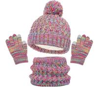 SSKHE Kids Winter Scarf Hat and Gloves Set,Pom Bobble Hat Knitted Warmth Crochet Thick Fluffy Scarf Two Fingers Touch Screen Gloves Set for Boys and Girls 2-8 (Rainbow)