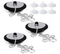 SSKHE Universal Bath Plug,3 Pcs Sink Plug Replacement with Stainless Steel Chain,Pop Up Drain Stopper Plug Cover Trap Strainer for Bathroom Kitchen Black with 6 Pcs Sucker(1.65in To 1.77in)