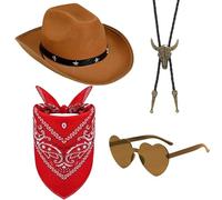 SSKHE Western Cowboy Fancy Dress Accessories Set - Brown Hat + Heart Glasses + Red Scarf + Bull Head Necklace | Unisex Cowboy Outfit for Halloween, Carnival & Cosplay Parties | Essential