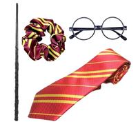 SSKHE Wizard Costume Set - Magic Wand + Round Glasses + Tie + Hair Scrunchie | Wizard Costume for Women, Perfect for Halloween, Carnival & Cosplay Parties | Complete Fancy Dress Accessories