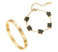 SSKHE Women's 2 Pieces Bracelet Set, 18K Gold-Plated Titanium Steel Lucky Clover Bangle,Black Gold Bracelet for Wedding Birthday Daily Wear Gift