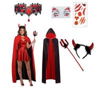 SSKHE Women's Devil Costume with Cape for Carnival, Halloween Devil Cape Red Hooded Cape Headband Devil Horns Gothic Devil Chain Tattoo Devil Costume Accessory, Carnival Fancy Dress Theme Party Hello