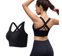 SSKHE Women's Workout Bra Mid Impact Wirefree Removable Padding High Impact Sports Bra Cross Back Yoga Bra for Gym Fitness Running Jogging (UK, Alpha, One Size, L, Regular, Regular, Black)