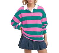 FENXIXIONE Women Long Sleeve Striped Polo Shirt Oversized Collar Y2k Pullover T Shirt Casual Loose Streetwear Rugby Sweatshirt (Purple,XL)