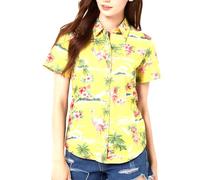 SSLR Women's Floral Flamingos Casual Button Down Aloha Hawaiian Shirt (X-Large, Bright Yellow)