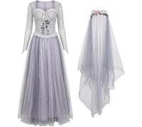 Sslvya Halloween Bride Corset Dress and Veil Set Ghost Bride Costume for Day of the Dead Cosplay Shows Fancy Dress