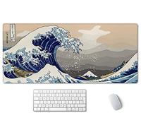 SSOIU Extended Gaming Mouse Pad (35.5x15.7 in), Large Stable Rubber Base Mousepad with Stitched Edges, Keyboard Mouse Mat Desk Pad for Work, Game, Office, Home - Great Wave Off Kanegawa