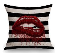 SSOIU Glitter Lips Biting Sexy Red Black White Stripes Farmhouse Decorative Throw Pillow Covers for Sofa Couch Home Decoration 18x18 inches