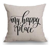 SSOIU My Happy Place Cotton Linen Throw Pillow Case Cushion Cover Home Office Decorative Square 18 X 18 Inches